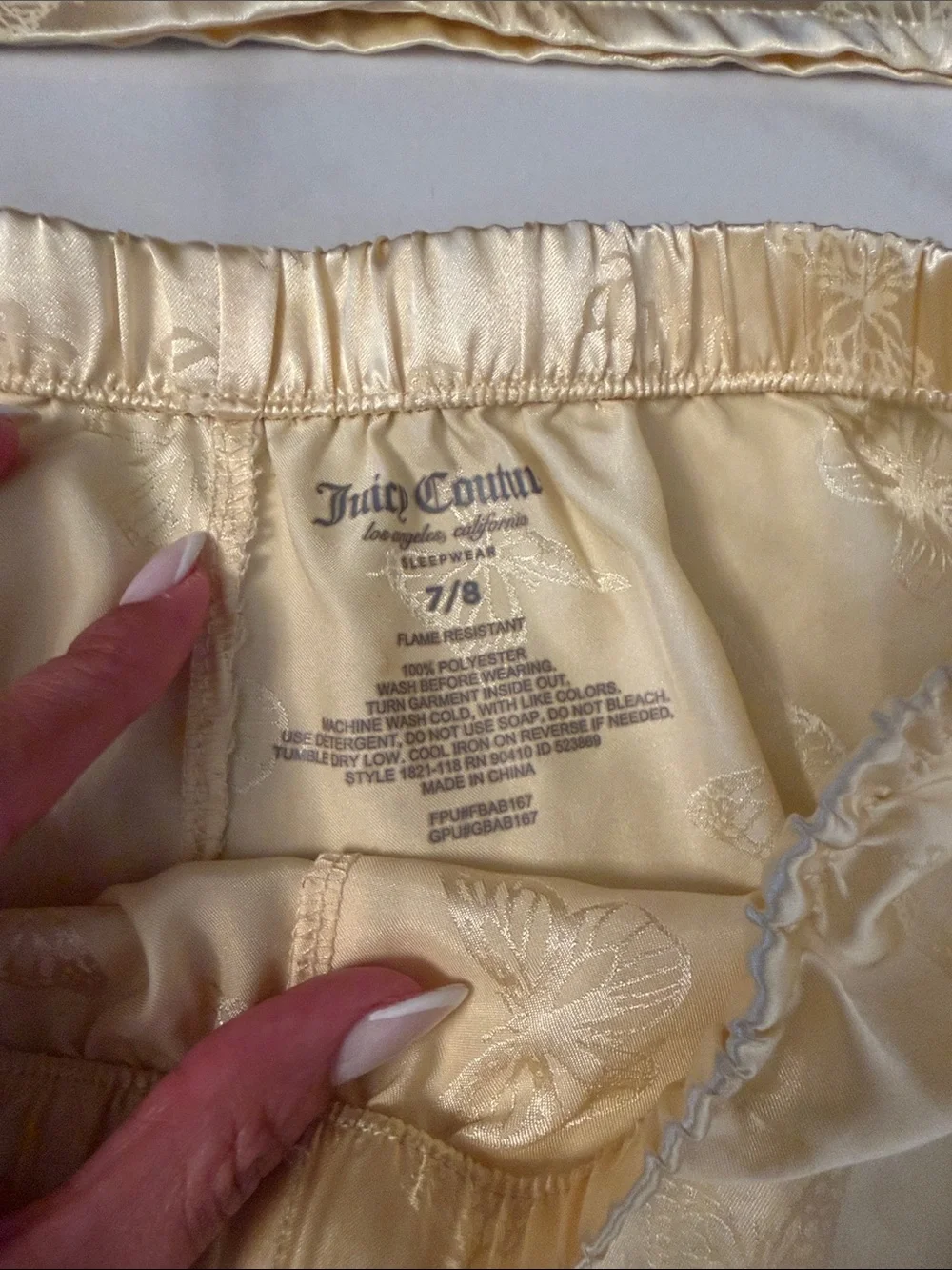 Juicy Couture Pale Yellow Satin Butterfly-Print Kids Pajama Set with Pink trim